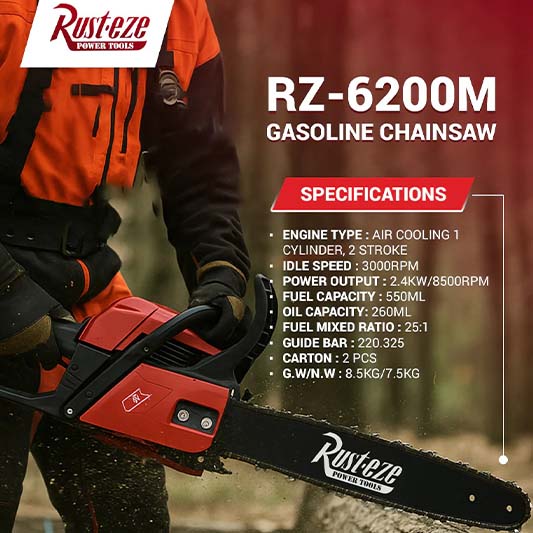 18” Gasoline Chainsaw RZ-6200Pro 62cc METAL STARTER