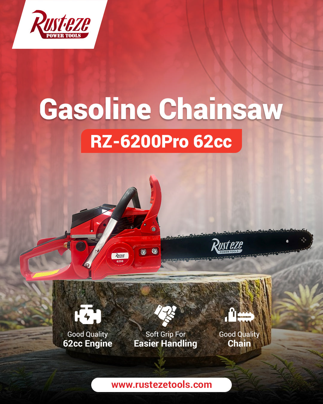18” Gasoline Chainsaw RZ-6200Pro 62cc METAL STARTER