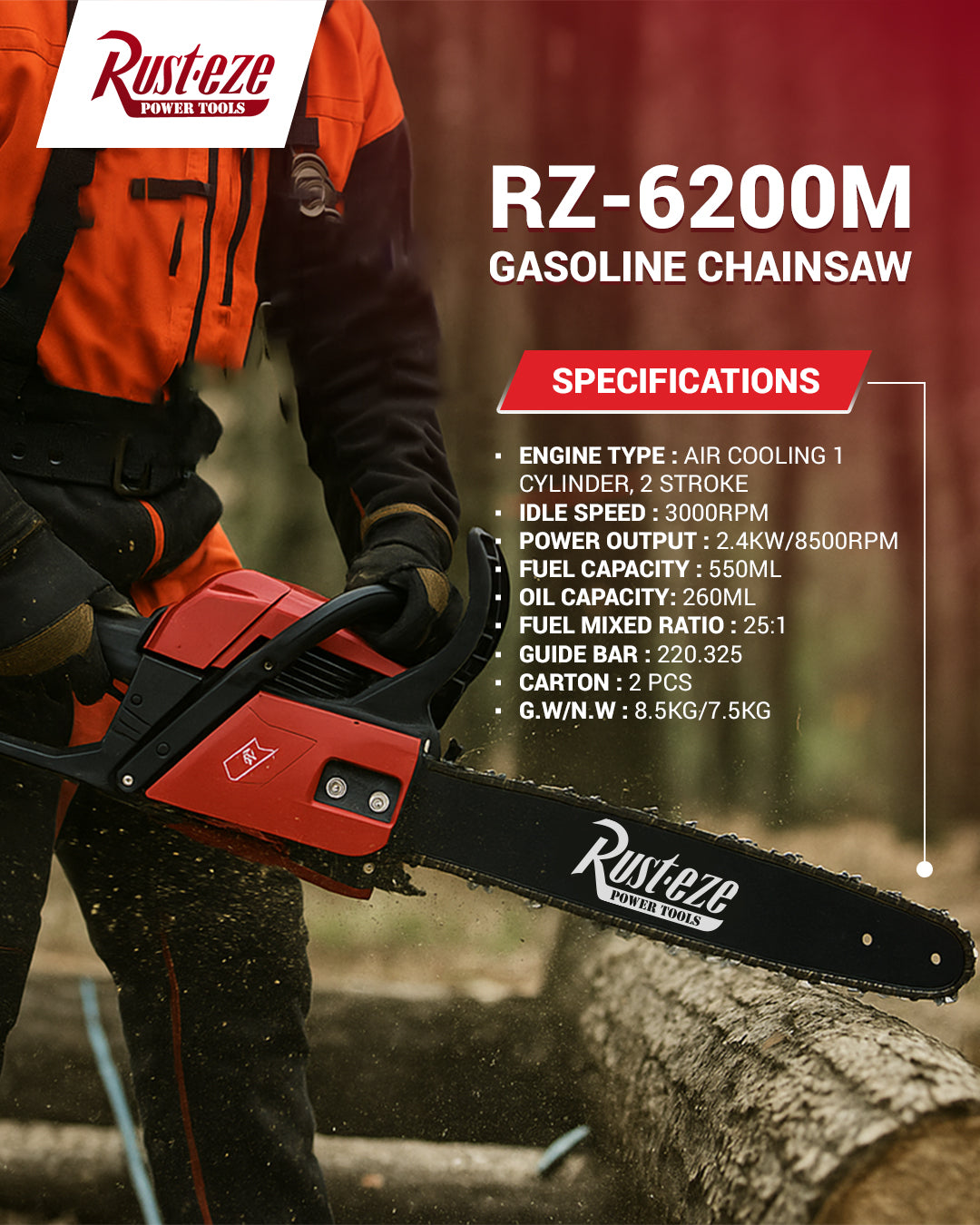 18” Gasoline Chainsaw RZ-6200Pro 62cc METAL STARTER